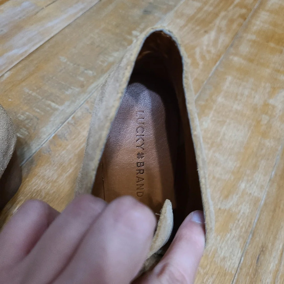 Lucky Brand Shylow Tan Suede Leather 3 inch Wedge Lace Up Ankle Booties Size 8.5 - Picture 5 of 13